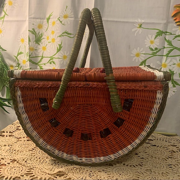 Vintage painted watermelon wicker picnic basket